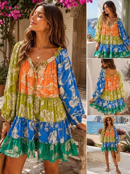 Velzera Dresses & Skirts - Velzera Colorblock Tropical Floral Cotton Boho Tunic Dress S/M